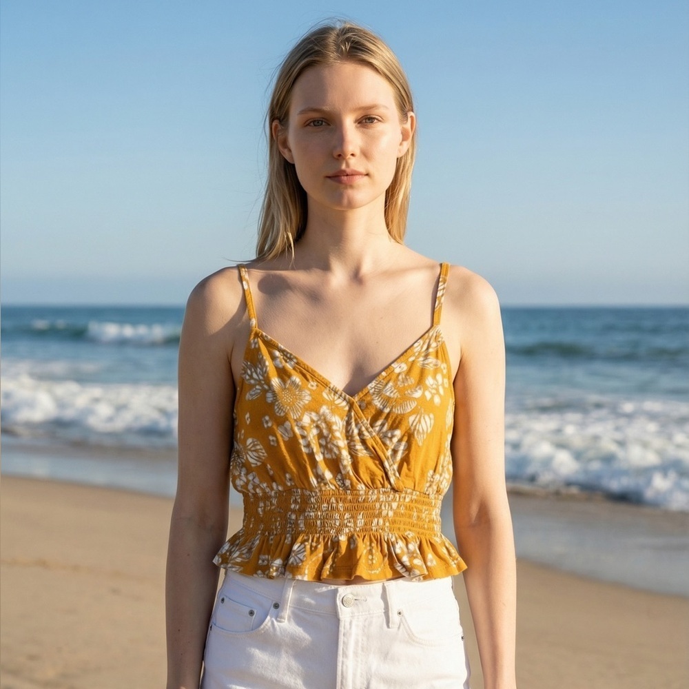 Aeropostale Smocked Peplum Floral Crop Top Sz S Mustard Yellow Boho Summer